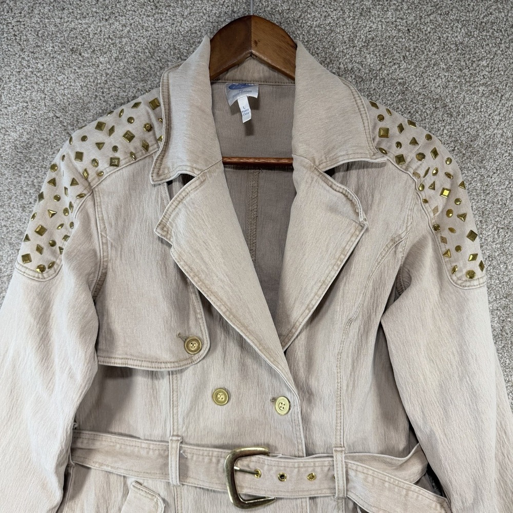 DG2 Tan Tenon Studded Long Jacket Sz Lg Belt Pockets Glam Punk Western - Picture 2 of 6